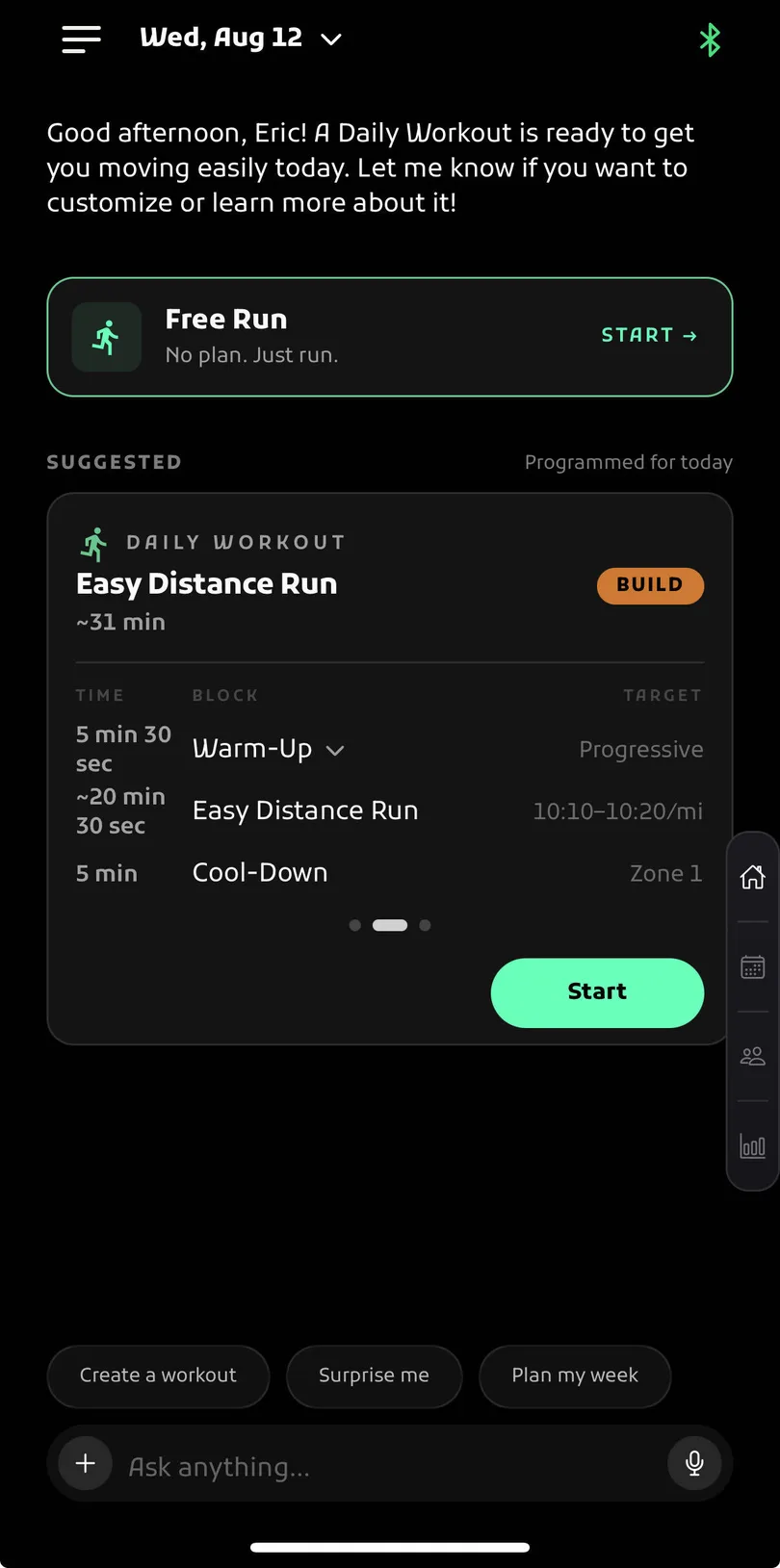Kyde home screen showing today's Easy Distance Run ready to start