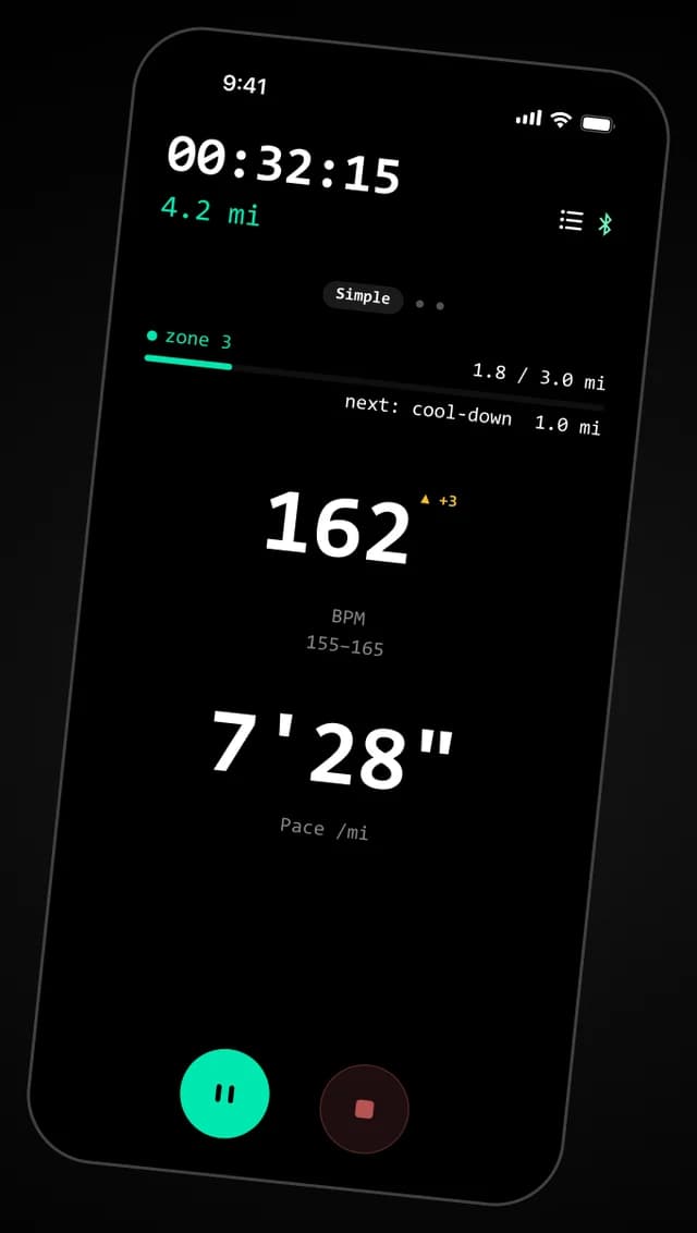 Kyde mid-run — live coaching screen showing 162 bpm in zone 3 and 7:28 pace